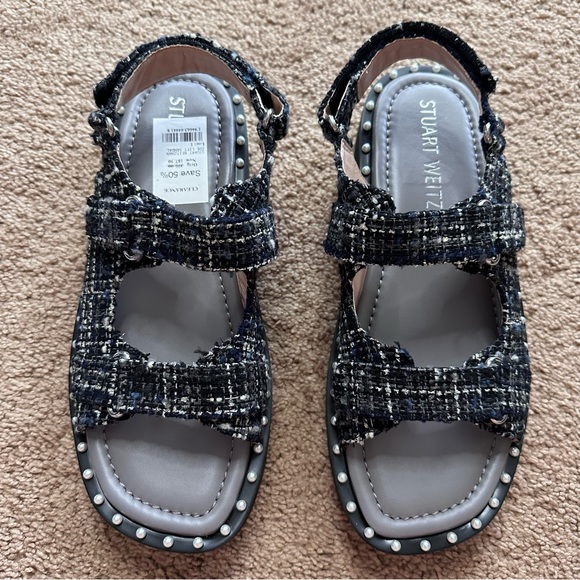 NEW Stuart Weitzman Zoe Lift Sandals Sz 40 Metallic Tweed Pearl Dad Sandal - Picture 7 of 13